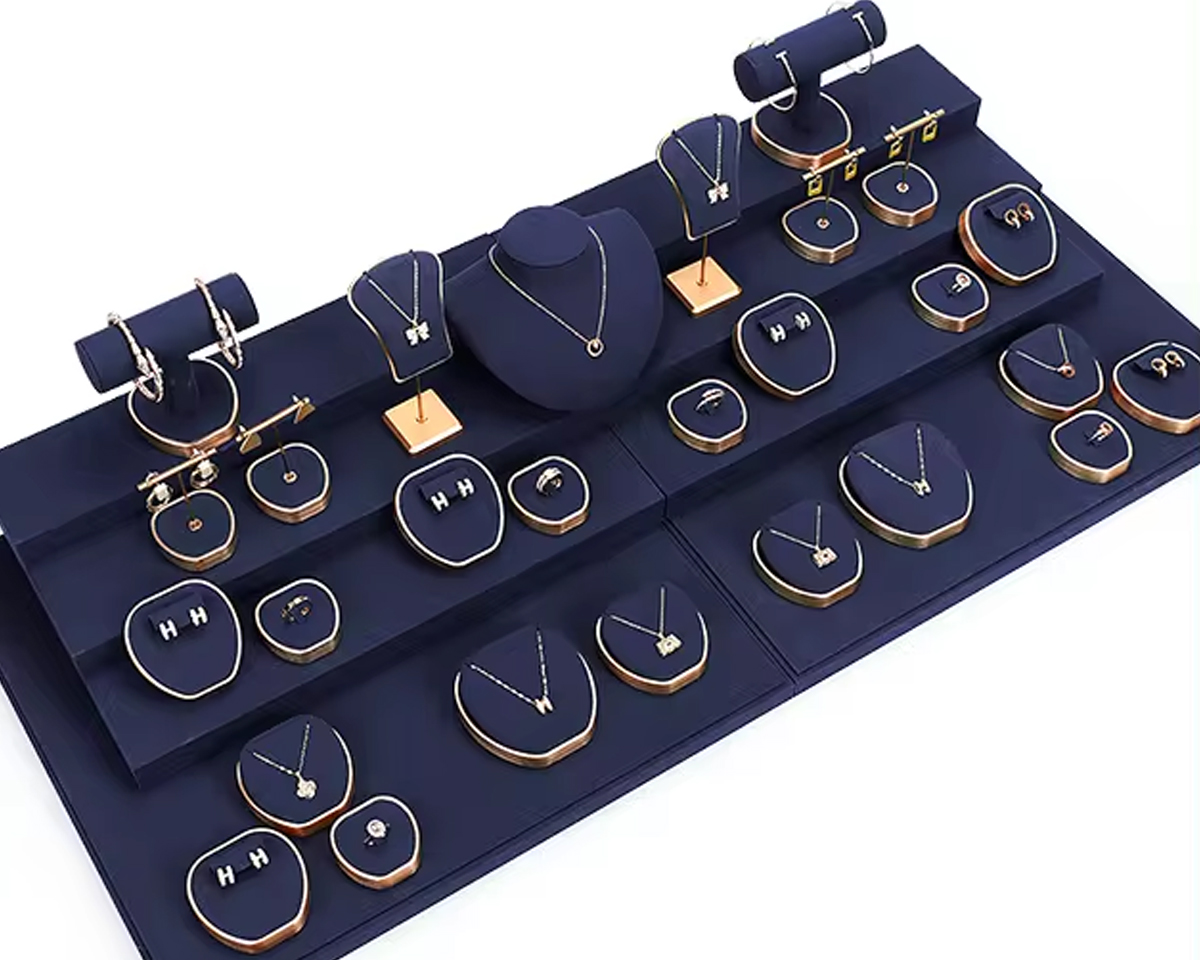 Jewelry-Necklace-Display-Stands-Ring-Keeper-Necklace-On-Stand-Navy-Blue-Microfiber-Metal-Jewelry-Display-Props